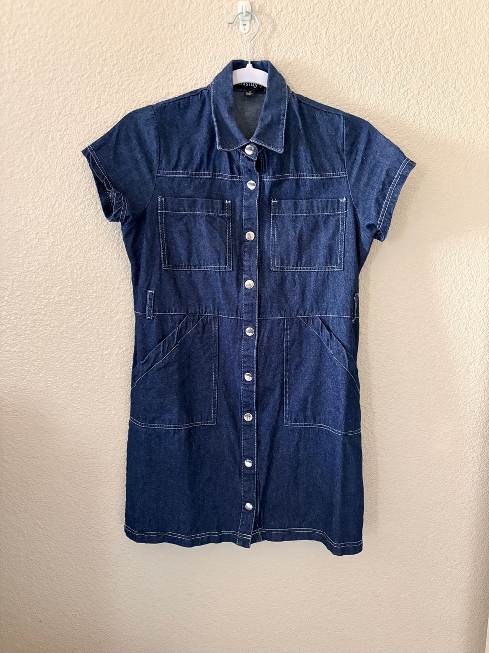 Justify Dark Blue Denim Snap Button-Front Mini Dress